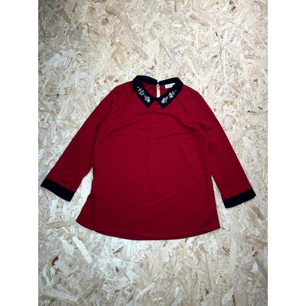 Faith and Joy by Montore Women XL Red Blouse Rhinestone Collar 3/4 Sleeve Top1